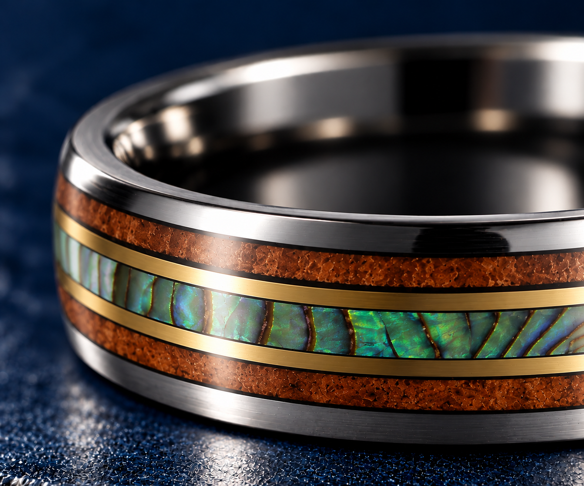 The Reef – Black & Gold Tungsten Abalone Wood Inlay