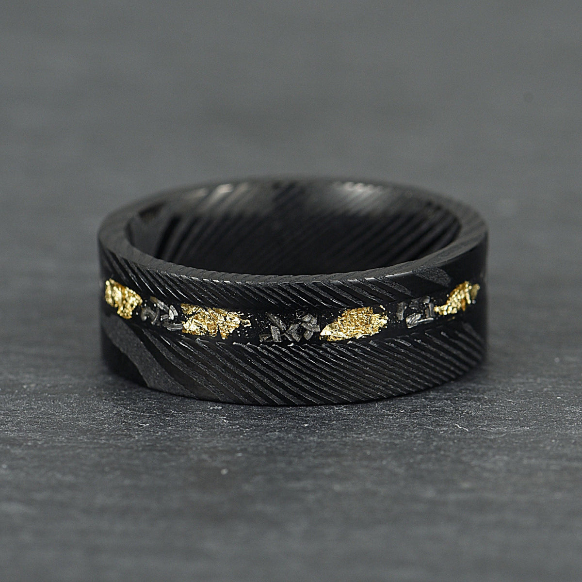 The Sol - Black Damascus Steel Ring With Crushed Meteorite & Gold Foil (4mm, 6mm, 8mm)