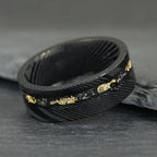 The Sol - Black Damascus Steel Ring With Crushed Meteorite & Gold Foil (4mm, 6mm, 8mm)