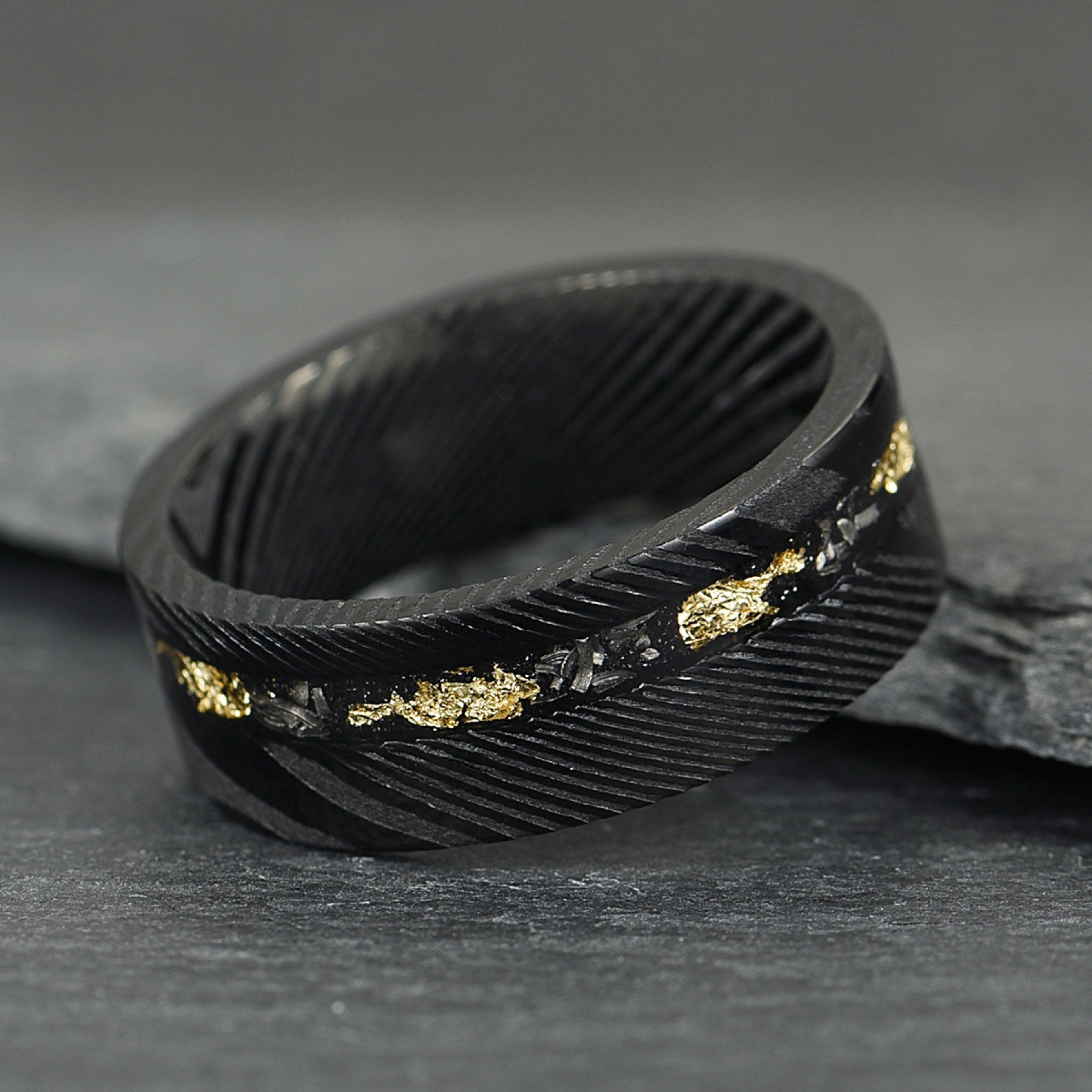 The Sol - Black Damascus Steel Ring With Crushed Meteorite & Gold Foil (4mm, 6mm, 8mm)