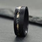 The Sol - Black Damascus Steel Ring With Crushed Meteorite & Gold Foil (4mm, 6mm, 8mm)