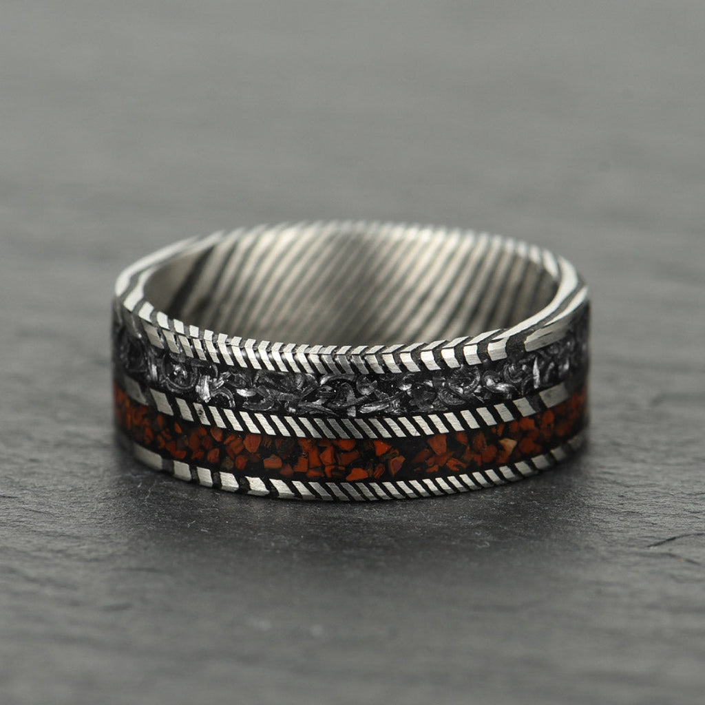The Vestige - Silver Damascus Steel Ring With Crushed Meteorite & Dinosaur Bone (8mm)