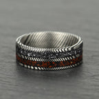 The Vestige - Silver Damascus Steel Ring With Crushed Meteorite & Dinosaur Bone (8mm)