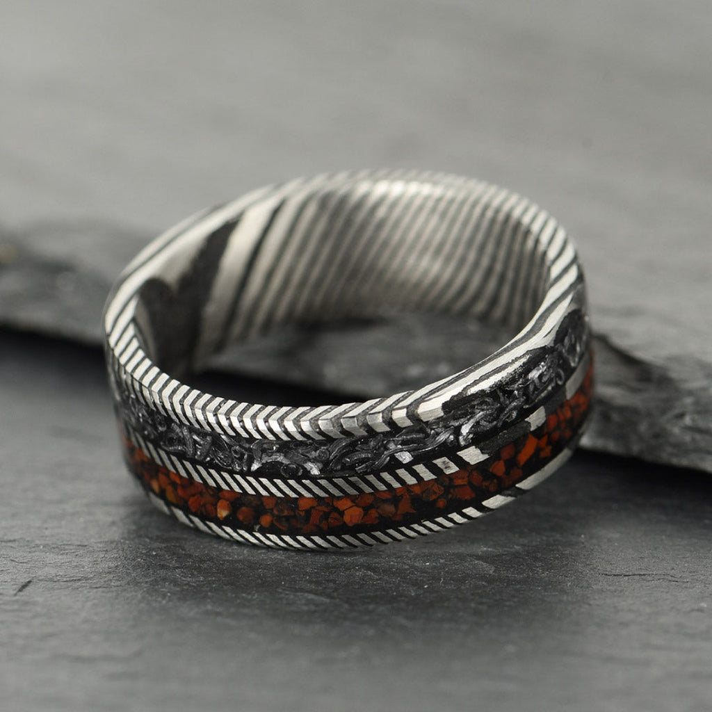 The Vestige - Silver Damascus Steel Ring With Crushed Meteorite & Dinosaur Bone (8mm)