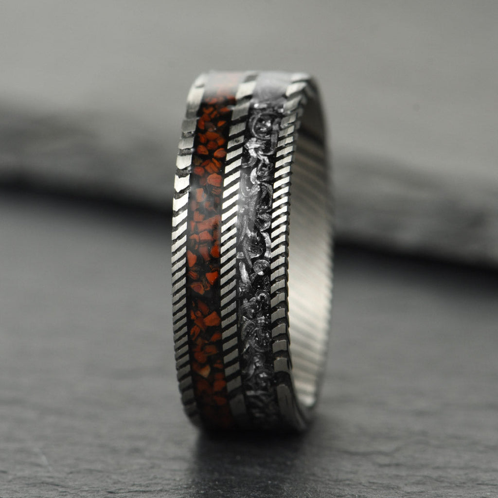 The Vestige - Silver Damascus Steel Ring With Crushed Meteorite & Dinosaur Bone (8mm)