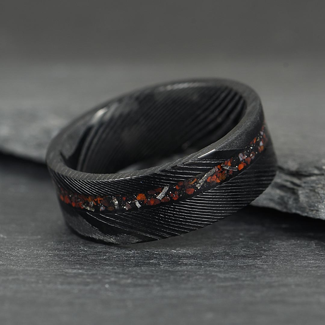The Origin - Black Damascus Steel Ring With Crushed Meteorite & Dinosaur Bone (4mm, 6mm, 8mm)