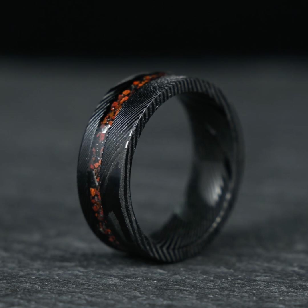The Origin - Black Damascus Steel Ring With Crushed Meteorite & Dinosaur Bone (4mm, 6mm, 8mm)