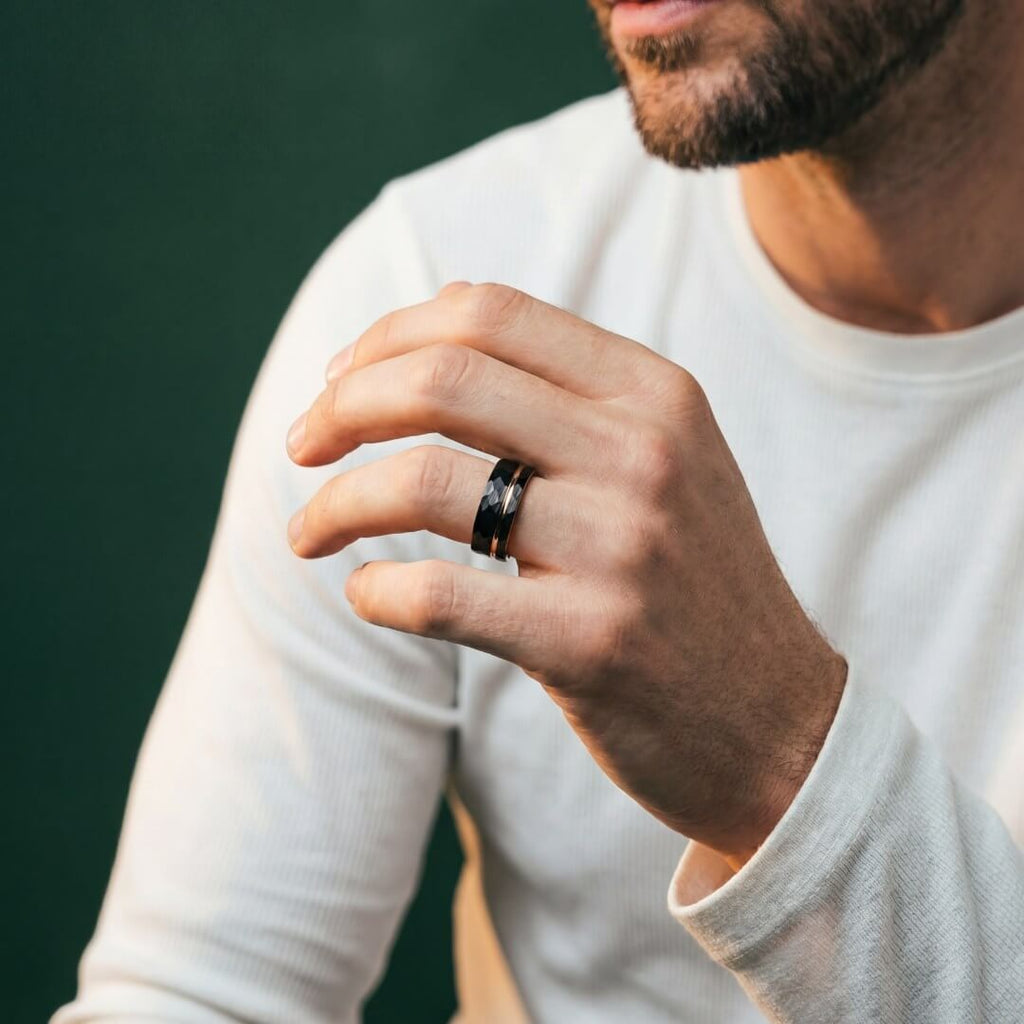 The Mantle – Black Tungsten Ring With Hammered Black Finish & Rose Gold (8mm)