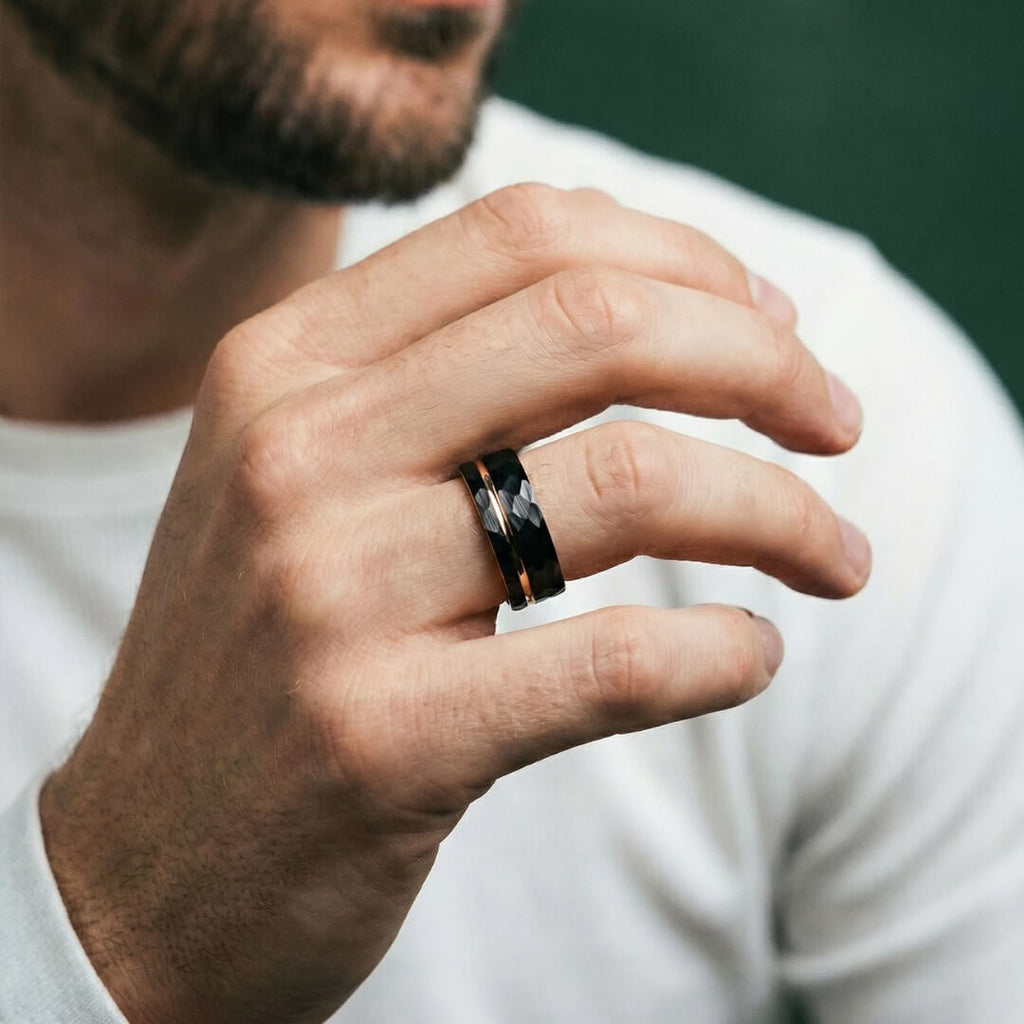 The Mantle – Black Tungsten Ring With Hammered Black Finish & Rose Gold (8mm)