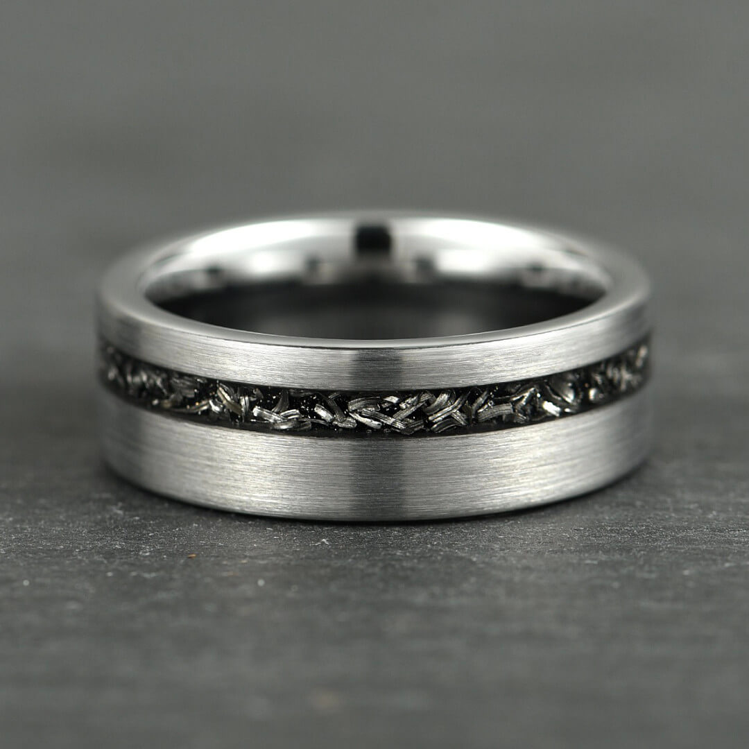 The Eclipse – Silver Smooth Tungsten Ring With Crushed Meteorite Inlay (4mm, 6mm, 8mm)