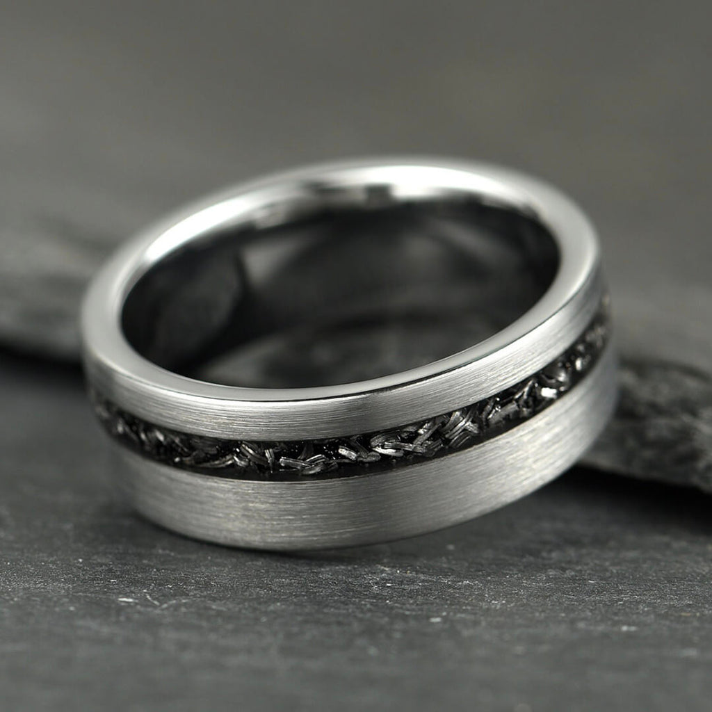 The Eclipse – Silver Smooth Tungsten Ring With Crushed Meteorite Inlay (4mm, 6mm, 8mm)