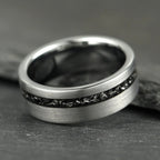 The Eclipse – Silver Smooth Tungsten Ring With Crushed Meteorite Inlay (4mm, 6mm, 8mm)