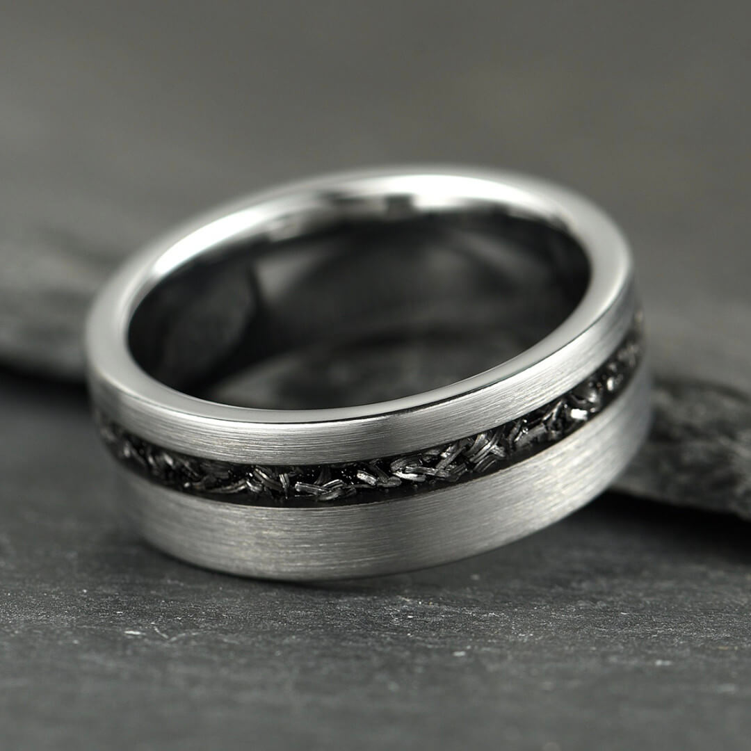 The Eclipse – Silver Smooth Tungsten Ring With Crushed Meteorite Inlay (4mm, 6mm, 8mm)