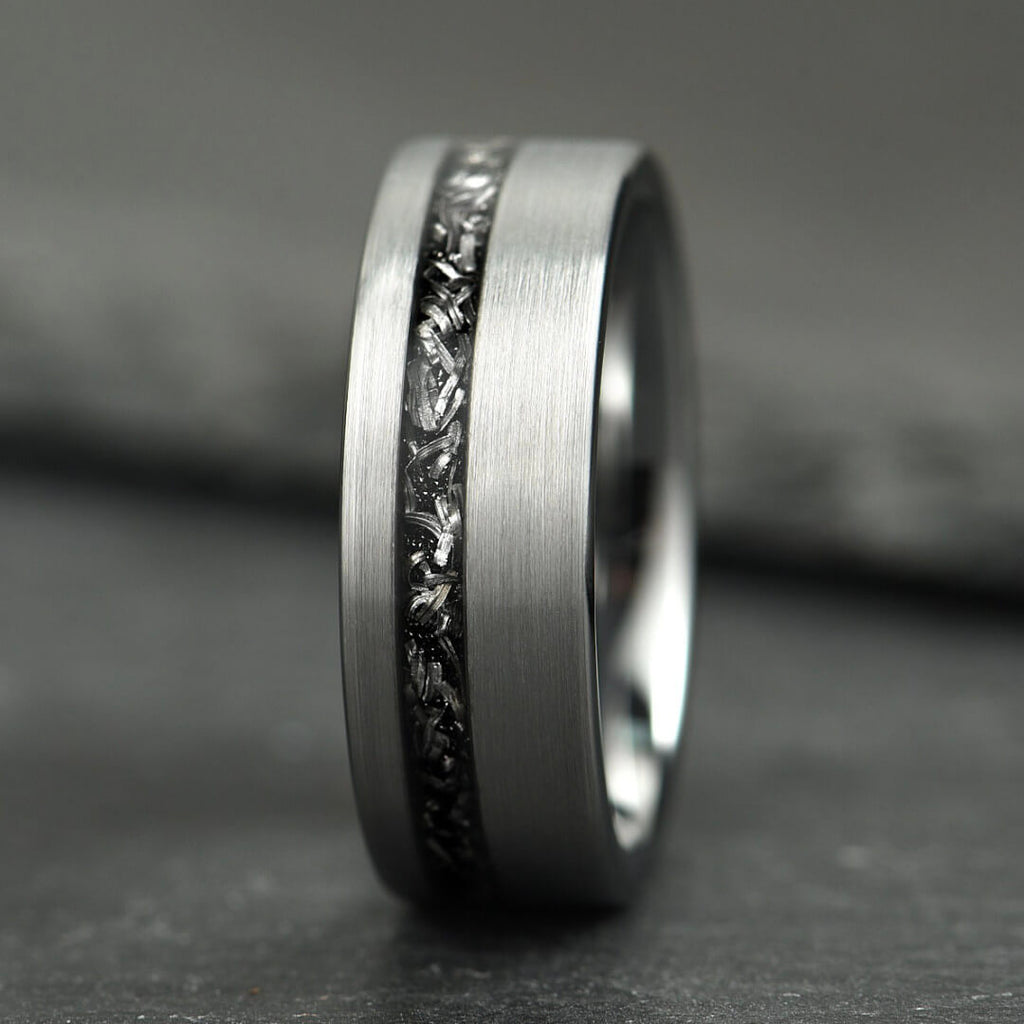The Eclipse – Silver Smooth Tungsten Ring With Crushed Meteorite Inlay (4mm, 6mm, 8mm)