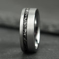 The Eclipse – Silver Smooth Tungsten Ring With Crushed Meteorite Inlay (4mm, 6mm, 8mm)