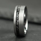 The Eclipse – Silver Smooth Tungsten Ring With Crushed Meteorite Inlay (4mm, 6mm, 8mm)