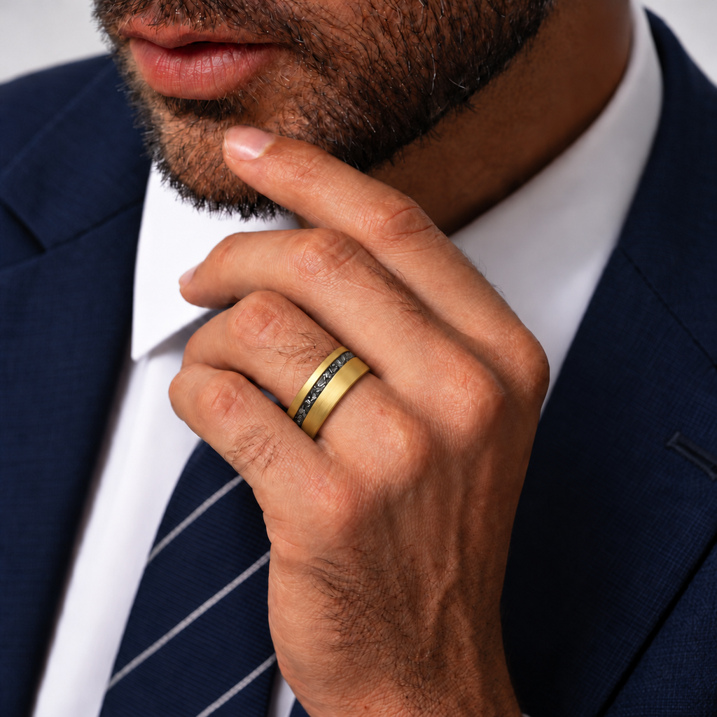 The Starfall – Yellow Gold Tungsten Meteorite Inlay