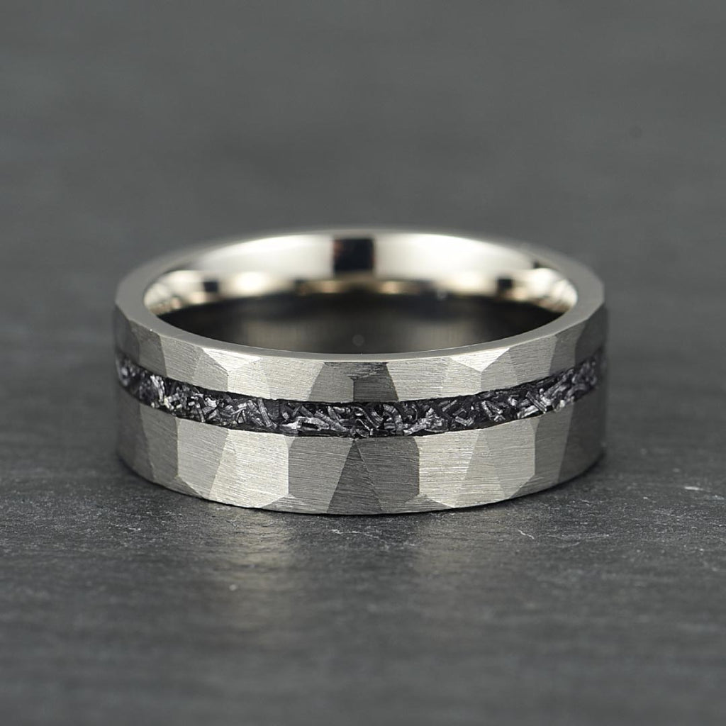 The Astra – Silver Hammered Tungsten Ring With Crushed Meteorite (4mm, 6mm, 8mm)