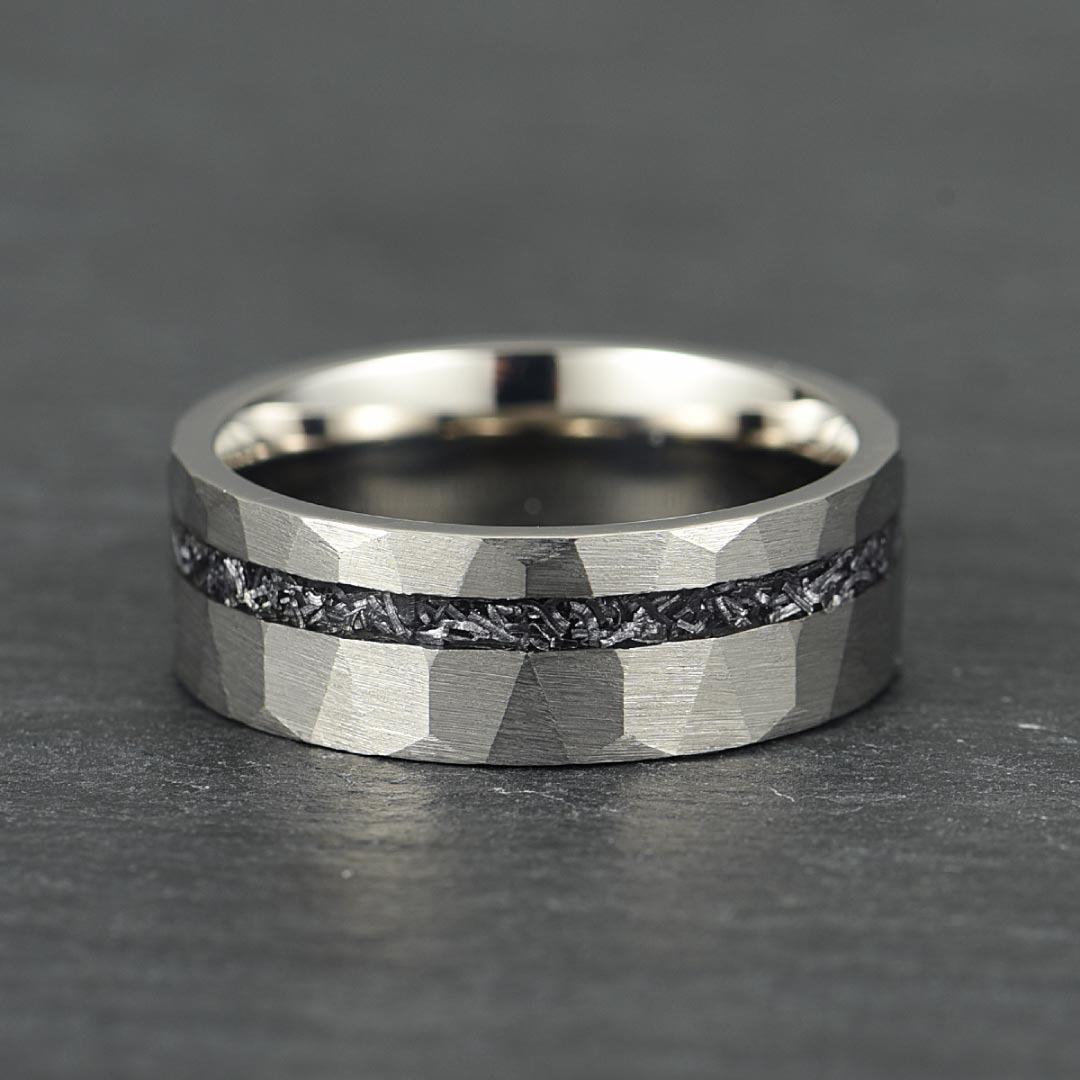 The Astra – Silver Hammered Tungsten Ring With Crushed Meteorite (4mm, 6mm, 8mm)