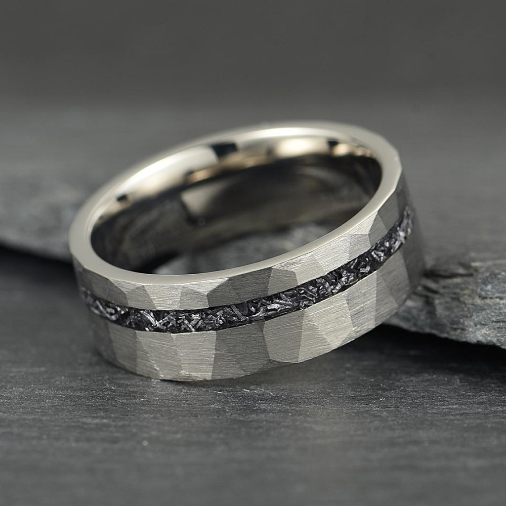 The Astra – Silver Hammered Tungsten Ring With Crushed Meteorite (4mm, 6mm, 8mm)