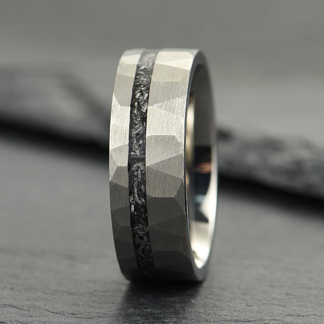 The Astra – Silver Hammered Tungsten Ring With Crushed Meteorite (4mm, 6mm, 8mm)
