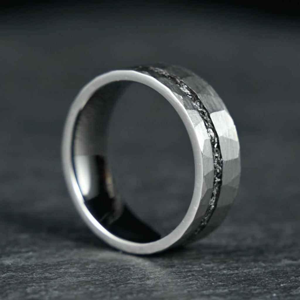 The Astra – Silver Hammered Tungsten Ring With Crushed Meteorite (4mm, 6mm, 8mm)
