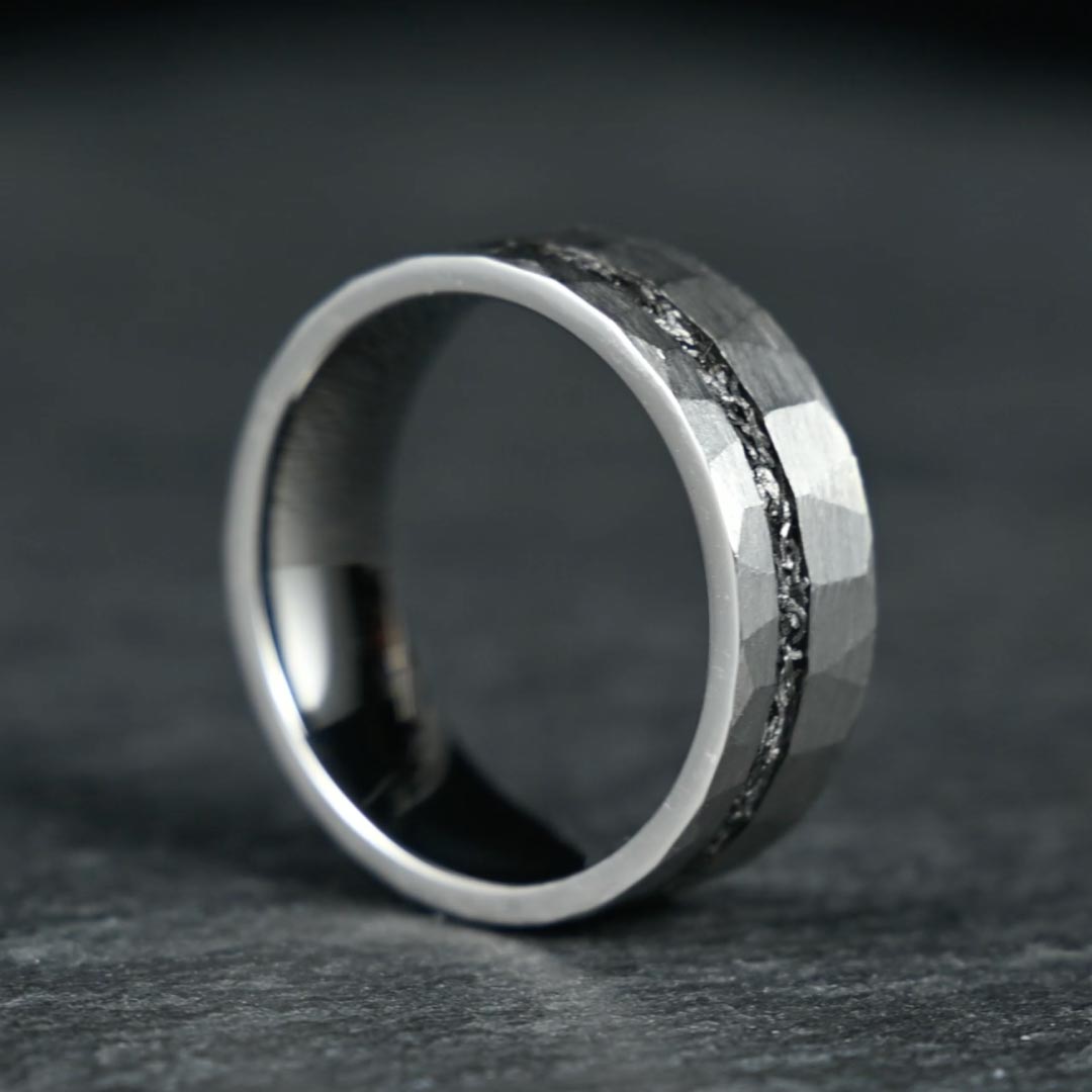 The Astra – Silver Hammered Tungsten Ring With Crushed Meteorite (4mm, 6mm, 8mm)