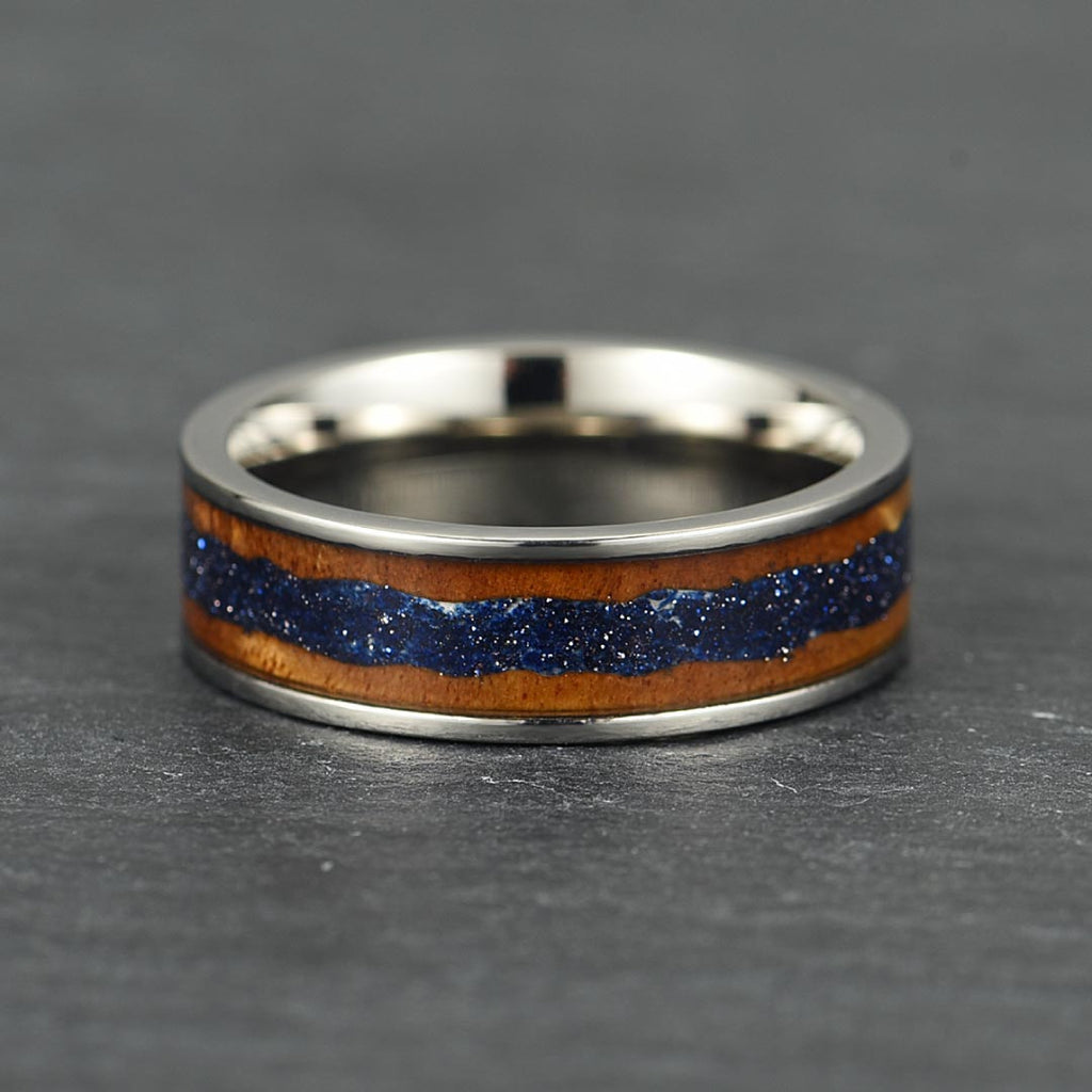 The Strata - Silver Titanium Ring With Sandstone & Wood (8mm)