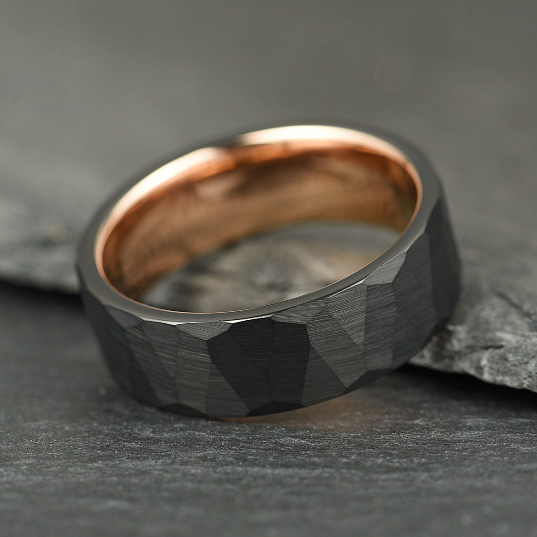 The Crucible – Hammered Black & Rose Gold Tungsten Ring