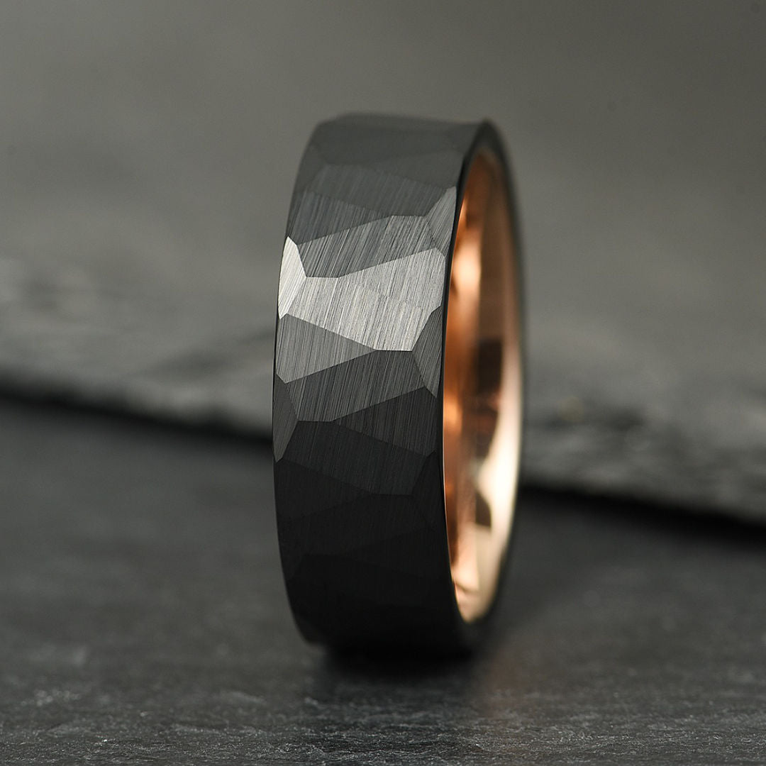 The Crucible - Hammered Black & Rose Gold Tungsten Ring (8mm)
