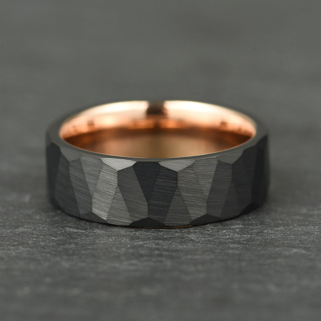 The Crucible - Hammered Black & Rose Gold Tungsten Ring (8mm)