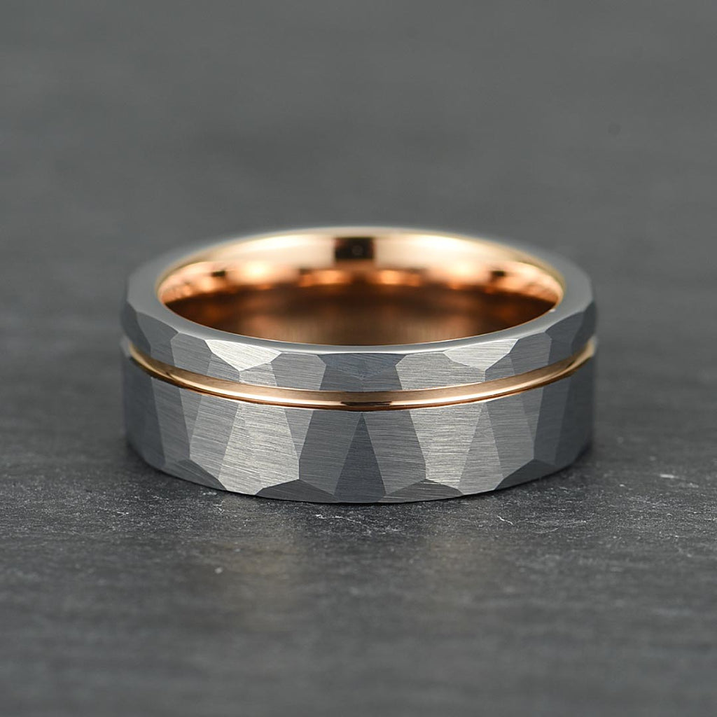 The Ember – Silver Tungsten Ring With Hammered Silver Finish & Rose Gold (6mm, 8mm)
