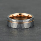 The Ember – Silver Tungsten Ring With Hammered Silver Finish & Rose Gold (6mm, 8mm)