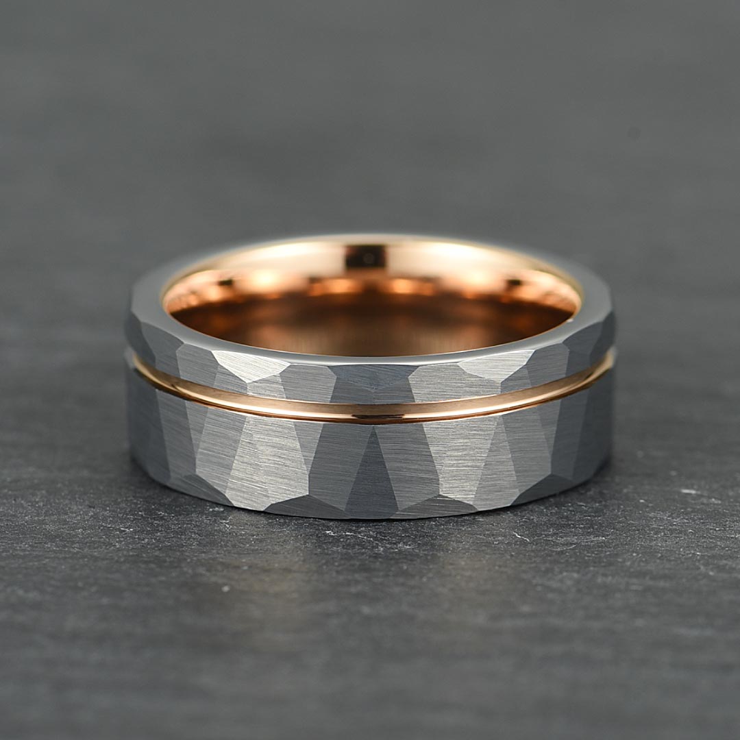 The Ember – Silver Tungsten Ring With Hammered Silver Finish & Rose Gold (6mm, 8mm)