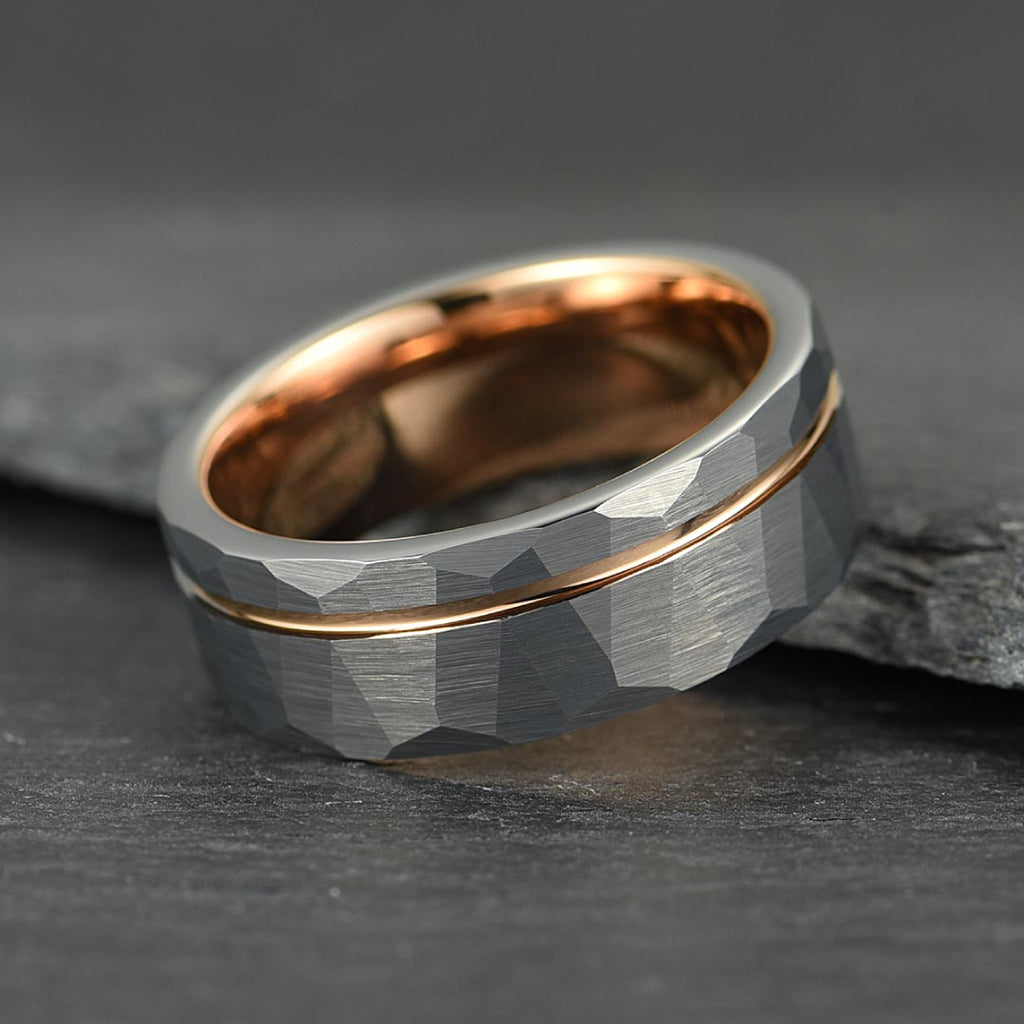 The Ember – Silver Tungsten Ring With Hammered Silver Finish & Rose Gold (6mm, 8mm)