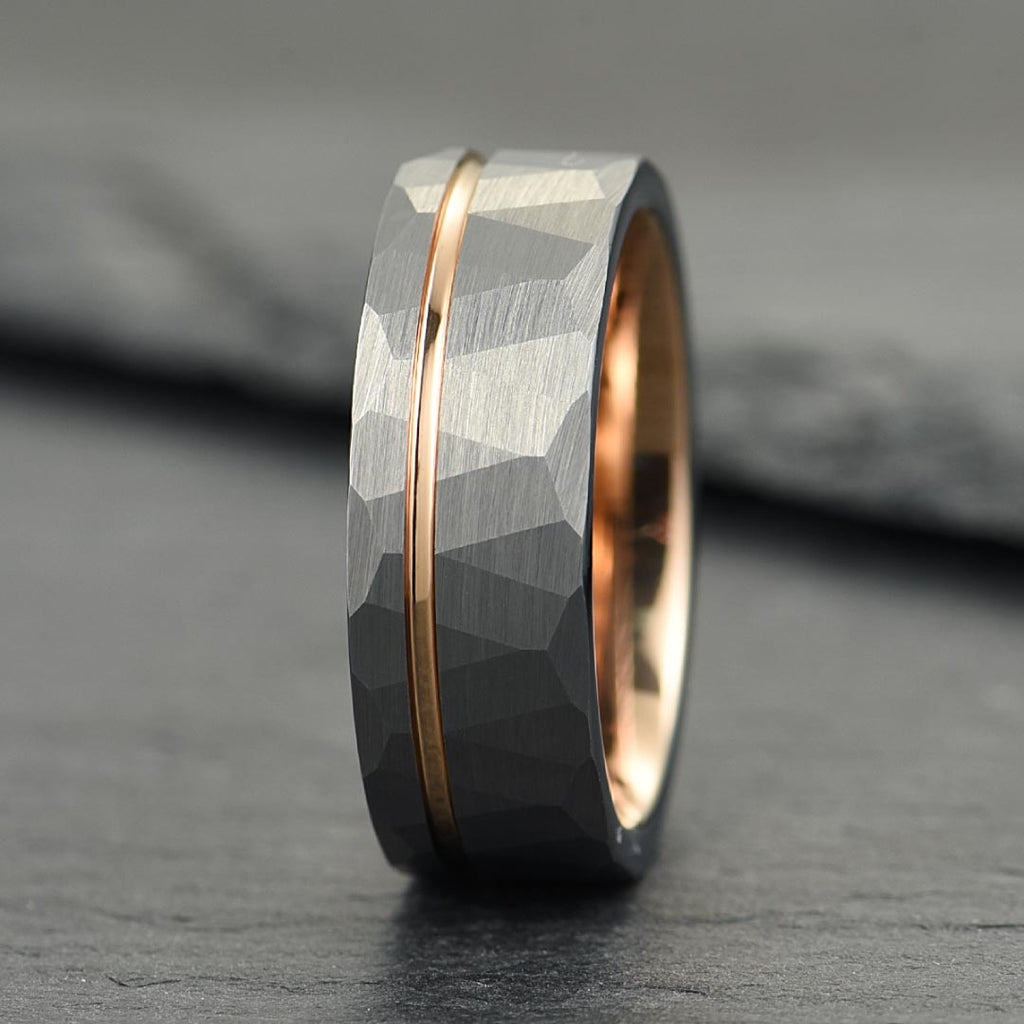 The Ember – Silver Tungsten Ring With Hammered Silver Finish & Rose Gold (6mm, 8mm)