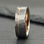 The Ember – Silver Tungsten Ring With Hammered Silver Finish & Rose Gold (6mm, 8mm)
