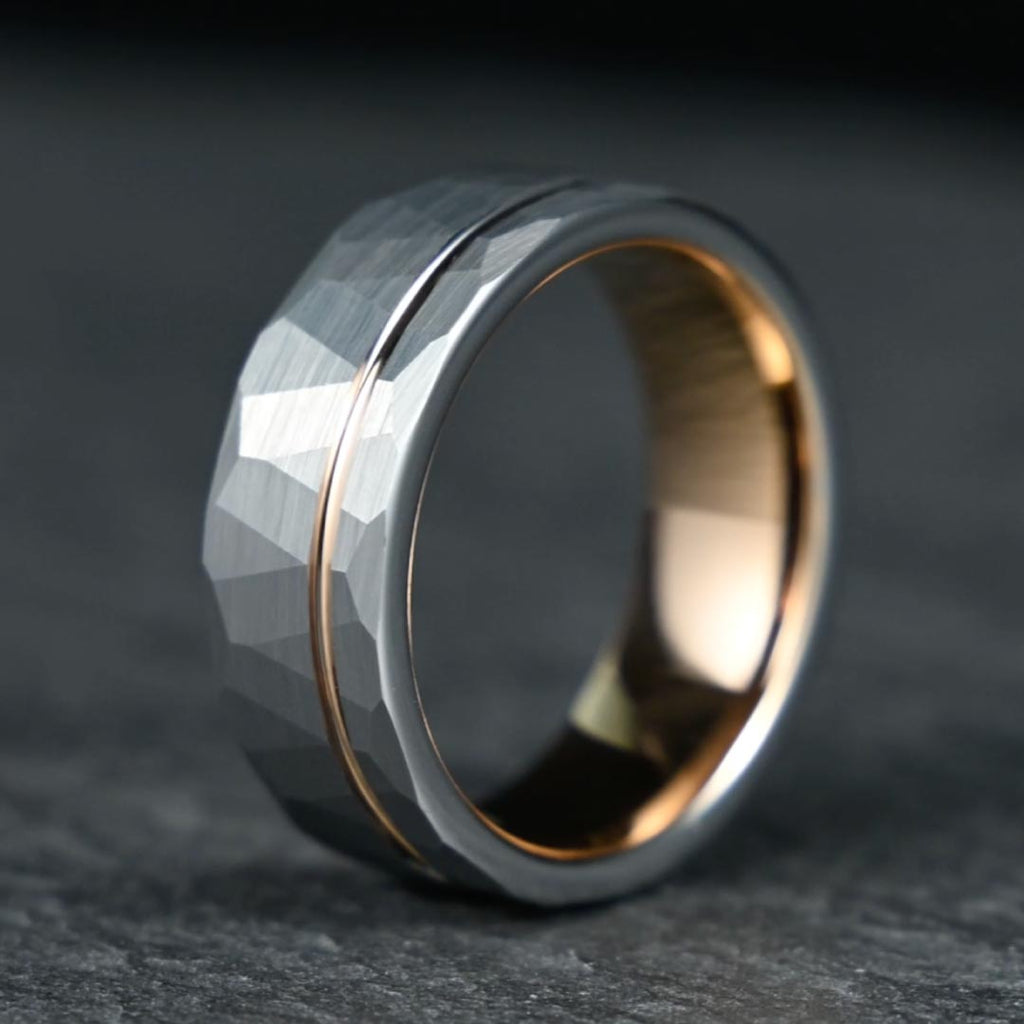The Ember – Silver Tungsten Ring With Hammered Silver Finish & Rose Gold (6mm, 8mm)