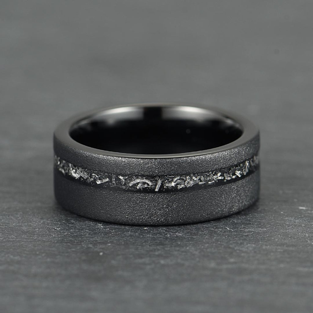 The Eclipse – Black Smooth Tungsten Ring With Crushed Meteorite Inlay (4mm, 6mm, 8mm)