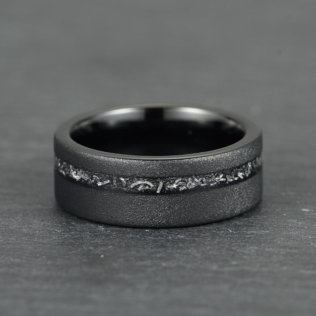 The Eclipse – Black Smooth Tungsten Ring With Crushed Meteorite Inlay (4mm, 6mm, 8mm)