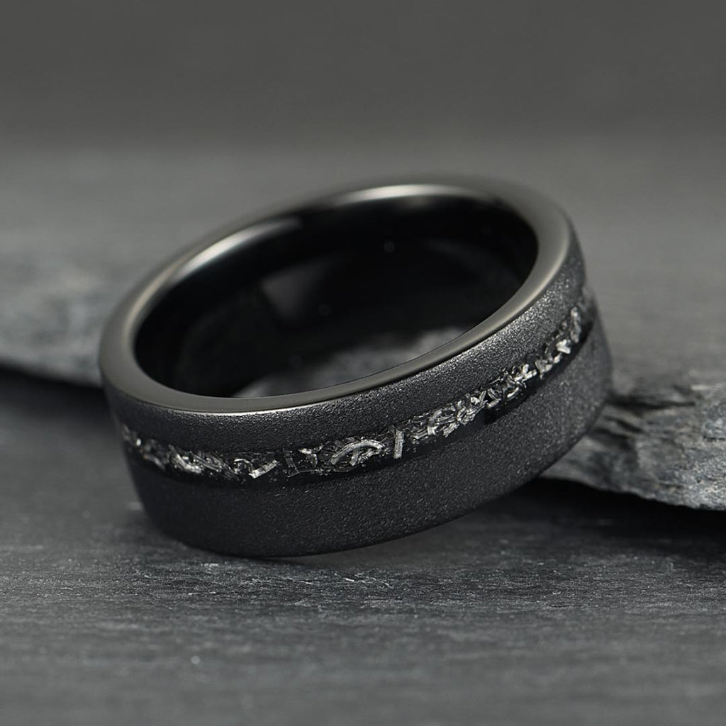The Eclipse – Black Smooth Tungsten Ring With Crushed Meteorite Inlay (4mm, 6mm, 8mm)