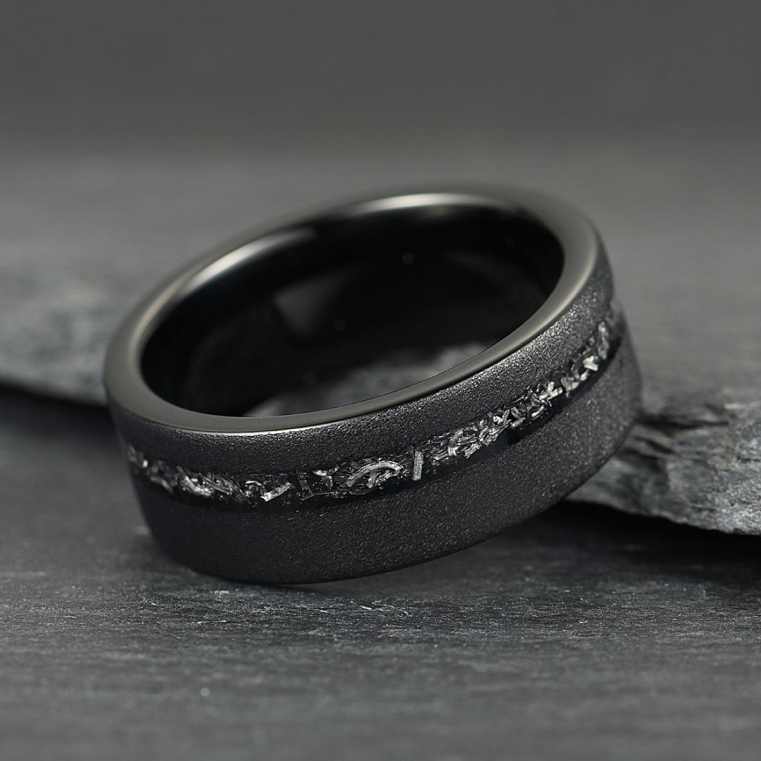The Eclipse – Black Smooth Tungsten Ring With Crushed Meteorite Inlay (4mm, 6mm, 8mm)