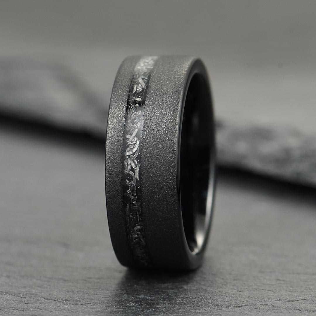 The Eclipse – Black Smooth Tungsten Ring With Crushed Meteorite Inlay (4mm, 6mm, 8mm)