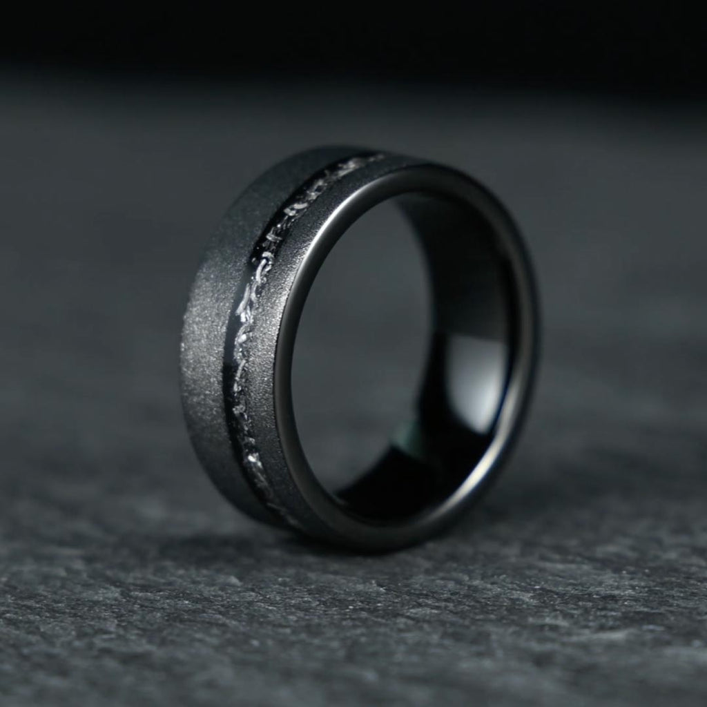 The Eclipse – Black Smooth Tungsten Ring With Crushed Meteorite Inlay (4mm, 6mm, 8mm)