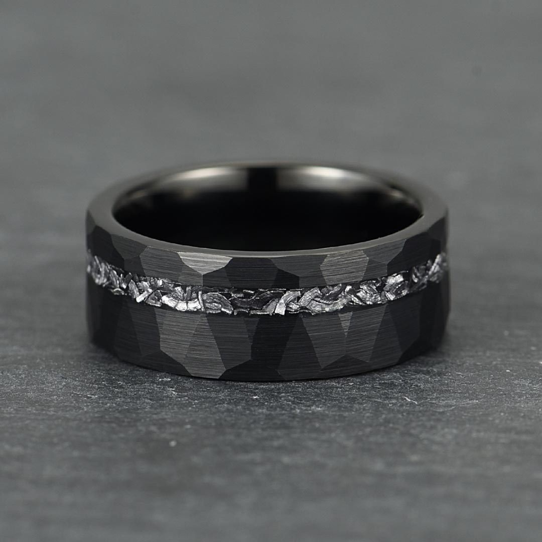 The Nebula – Black Hammered Tungsten Ring With Crushed Meteorite Inlay (4mm, 6mm, 8mm)