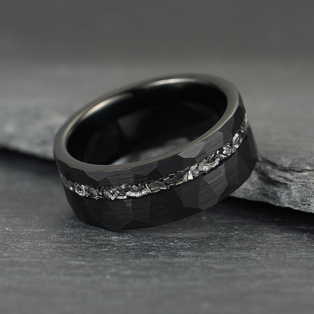 The Nebula – Black Hammered Tungsten Ring With Crushed Meteorite Inlay (4mm, 6mm, 8mm)
