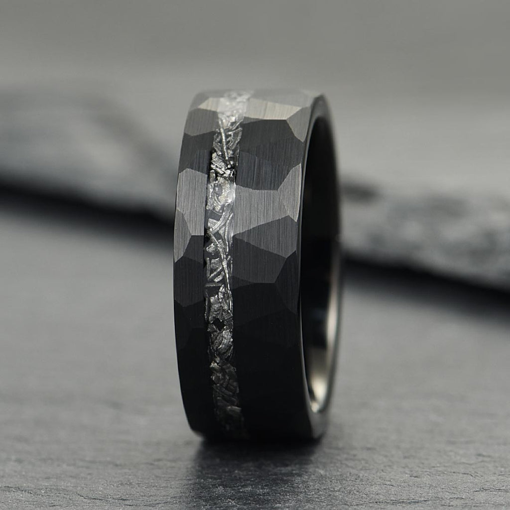 The Nebula – Black Hammered Tungsten Ring With Crushed Meteorite Inlay (4mm, 6mm, 8mm)