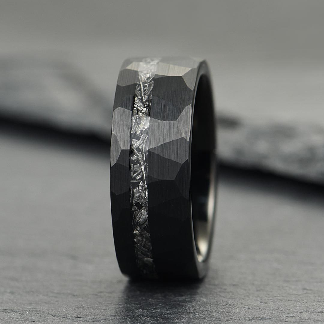 The Nebula – Black Hammered Tungsten Ring With Crushed Meteorite Inlay (4mm, 6mm, 8mm)