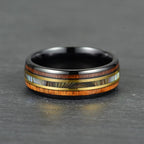 The Horizon – Black & Gold Tungsten Ring With Abalone Shell & Wood (6mm, 8mm)