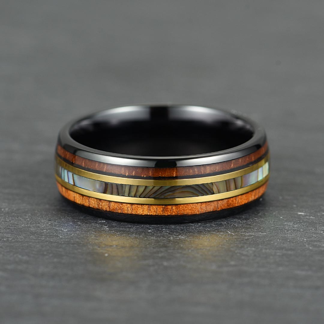 The Horizon – Black & Gold Tungsten Ring With Abalone Shell & Wood (6mm, 8mm)